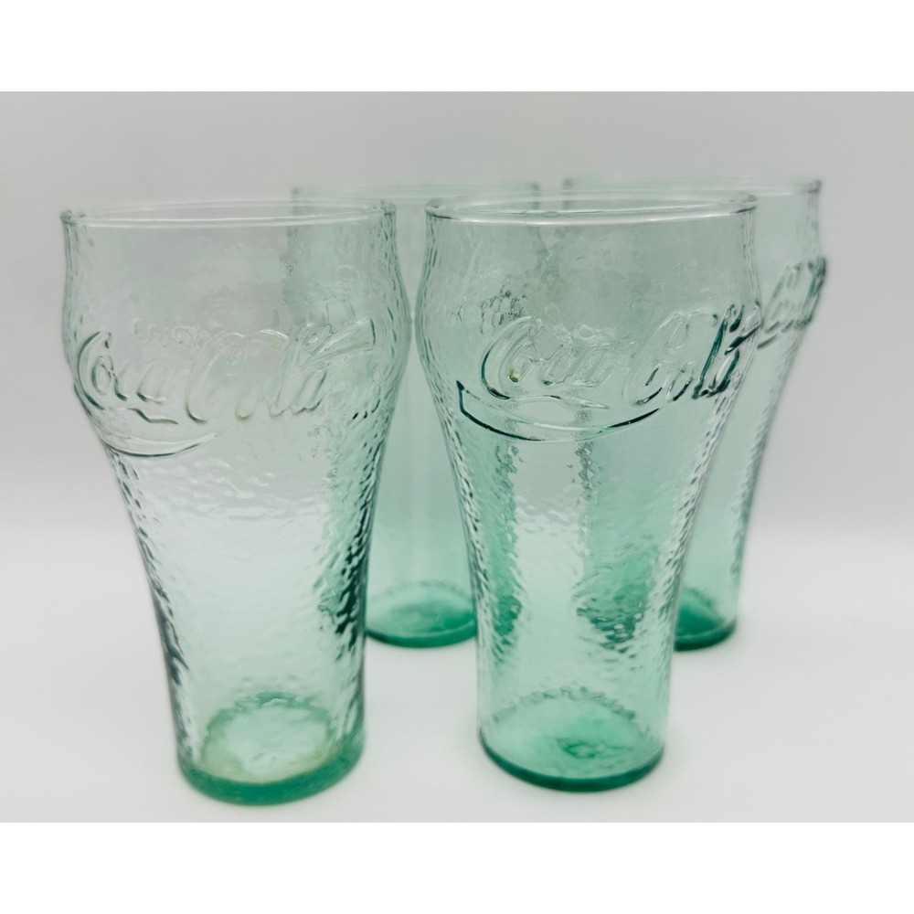 Coca-Cola Georgia Green Pebbled Glass Tumblers Set of 4 Embossed Logo 6 inch